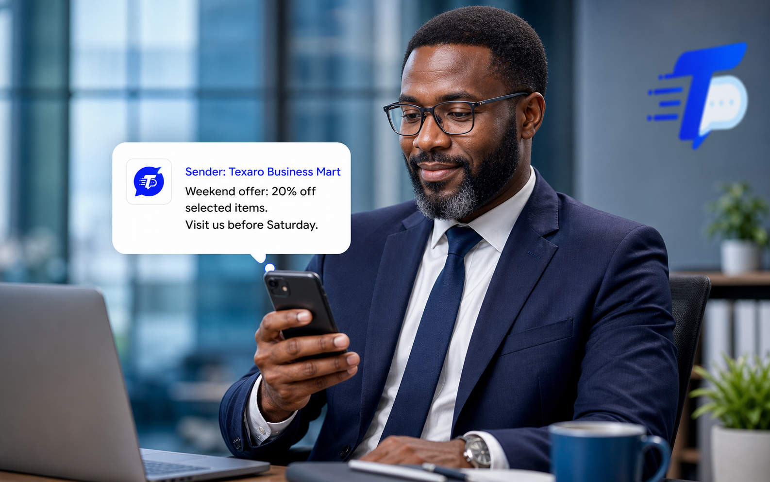 Professional in an office receiving a Texaro Business Mart promotion SMS
