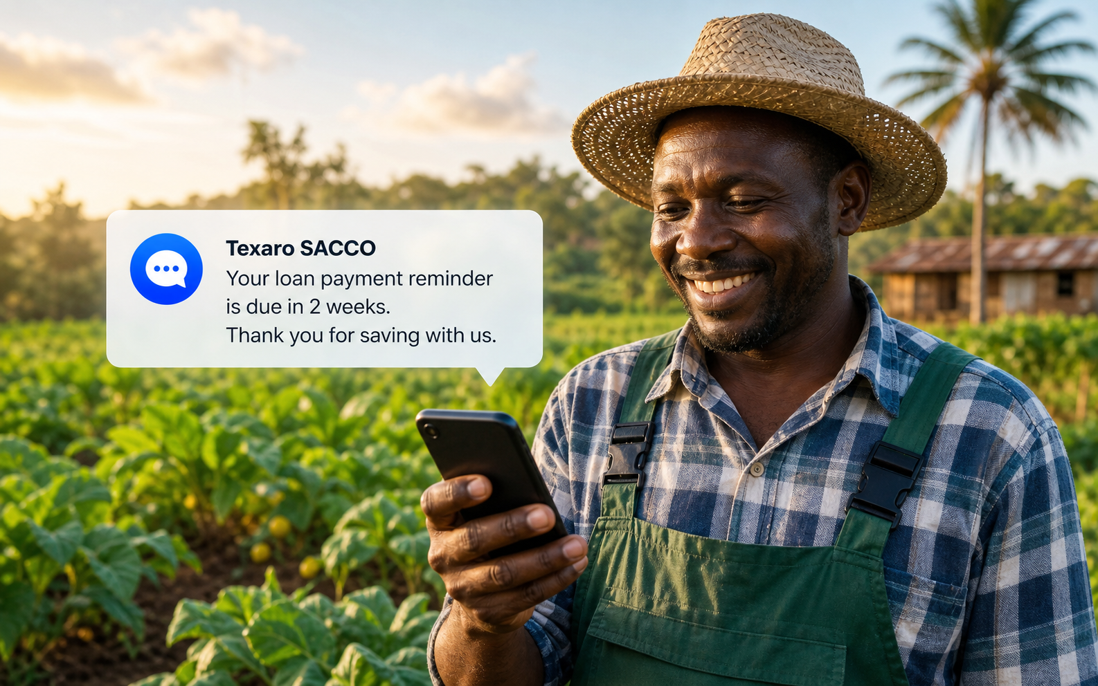 Farmer receiving a Texaro SACCO loan payment reminder SMS